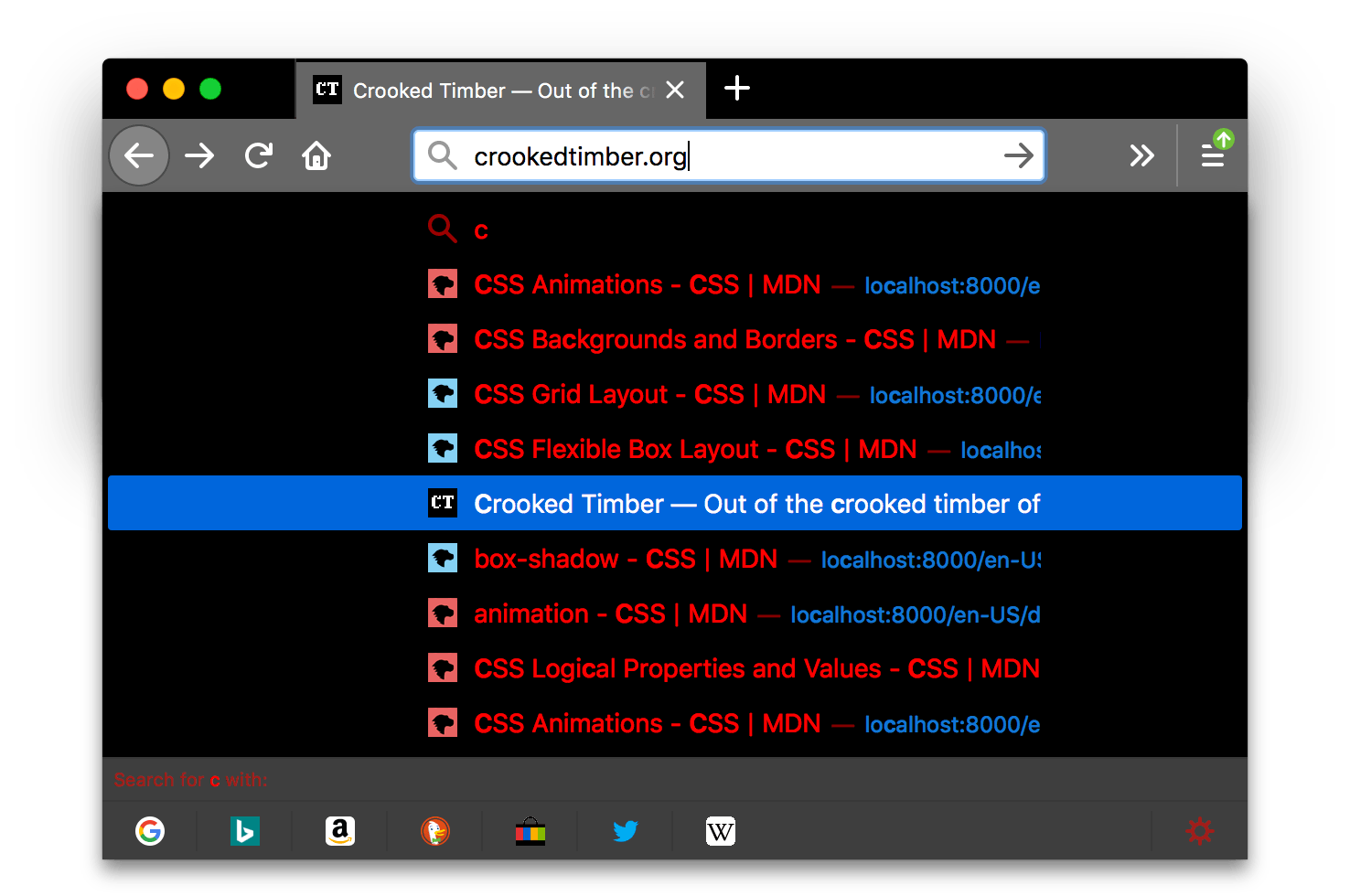 Browser firefox is black. Browser's tabs and URL bar are lighter gray with icons and text in white. A search results popup is displayed with items texts in red. The text color contrasts well with the black background color of the popup.