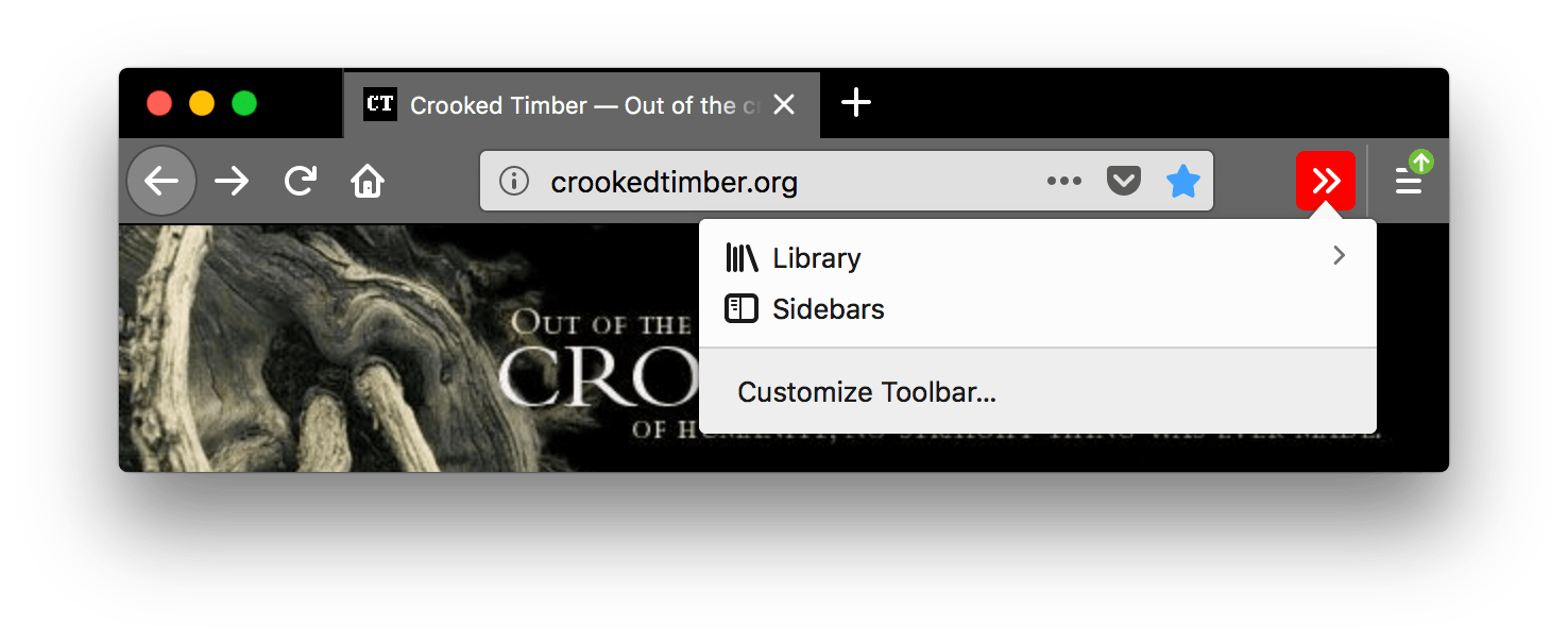 Browser firefox is black. Browser's tabs and URL bar are gray with white text. The customize toolbar icon in the url bar in white with a red background is pressed and a popup is open displaying a short list of thing to add to the toolbar such as the browser's library and the sidebars.