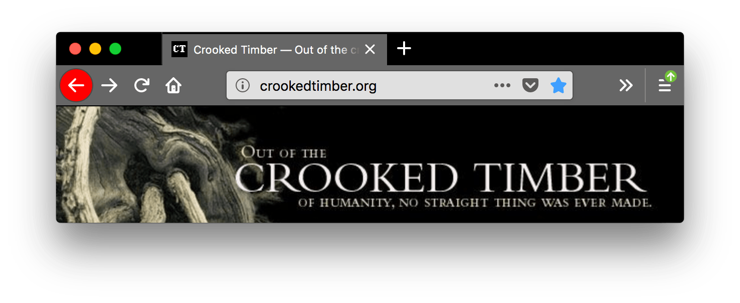 Browser firefox is black. Browser's tabs and URL bar are gray with white text. The go back one page icon is white with a red circle background.