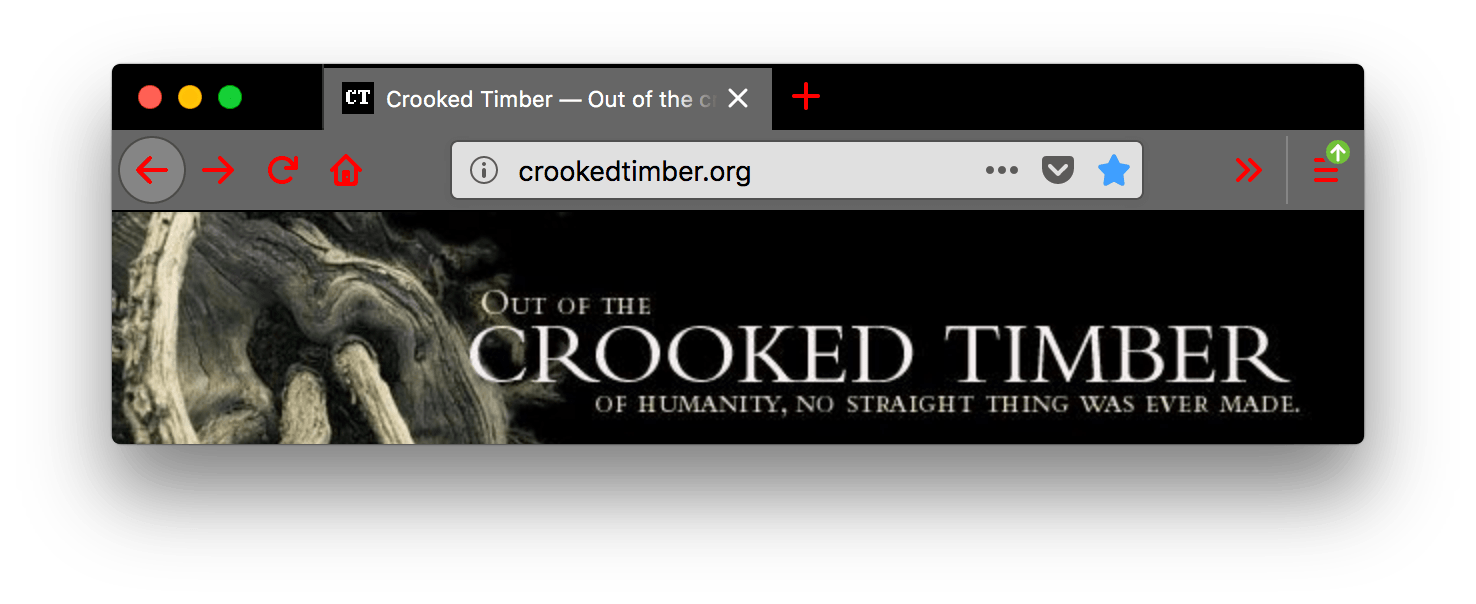 Browser firefox is black. Browser's tabs and URL bar are gray with white text. The URL bar and open a new tab icons are red. The red icons contrast well with the black background color of the header area.