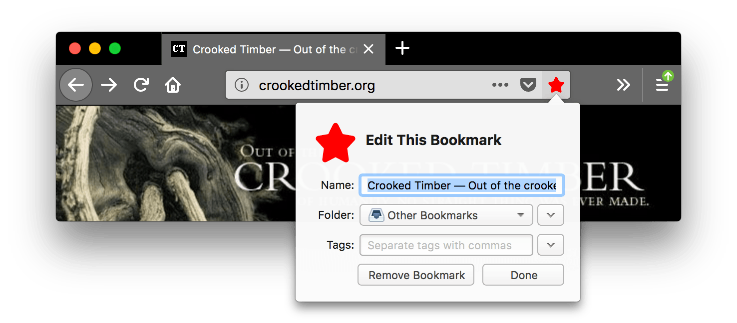 Browser firefox is black. Browser's tabs and URL bar are gray with white text. The bookmark this page icon is red and pressed, an open popup name edit this bookmark is displayed. While in attention state, the toolbar icons contrast well with the black background of the header area.