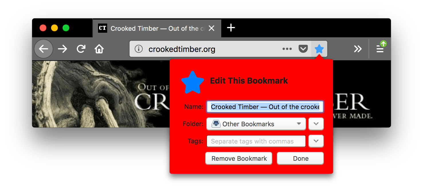 Browser firefox is black. Browser's tabs and URL bar are lighter gray with icons and text in white. The bookmark this page icon is blue and pressed, an open popup name 'edit this bookmark' is displayed with a red background. The background color of the popup is red.