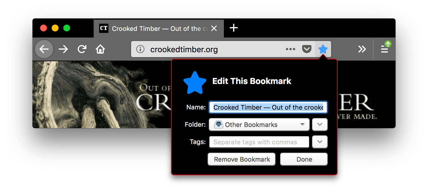 Browser firefox is black. Browser's tabs and URL bar are lighter gray with icons and text in white. The bookmark this page icon is blue and pressed, an open popup name 'edit this bookmark' is displayed with a red outline and black background. The popup's border is red.