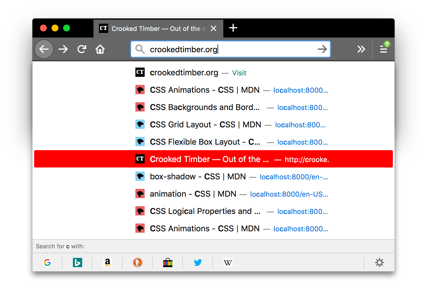 screenshot of firefox is black. Browser's tabs and URL bar are lighter gray with icons and text in white. A search results popup is displayed with a highlighted item's background in red. The background color of the highlighted item inside the popup is red.