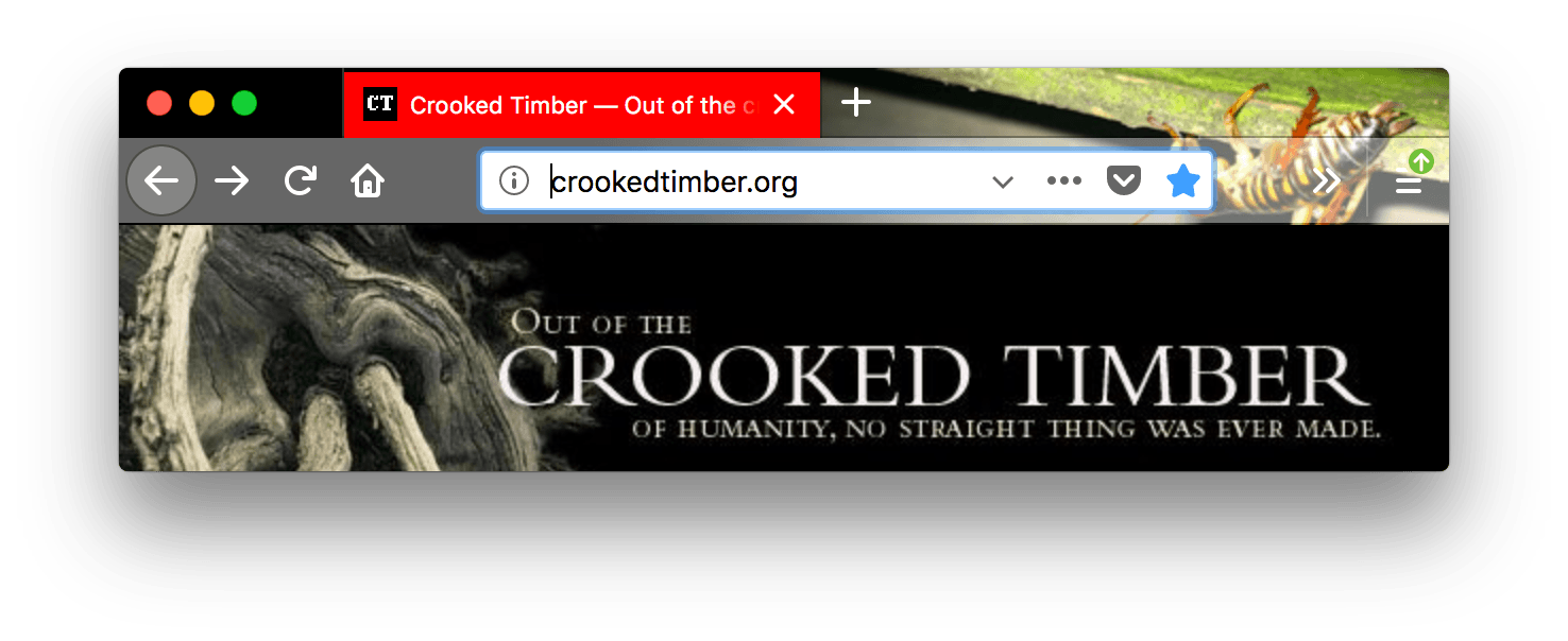 A screenshot of a browser window with one open tab. Browser is black. Browser's tabs and URL bar are darker gray with icons and text in white. The selected tab has red background and white text.