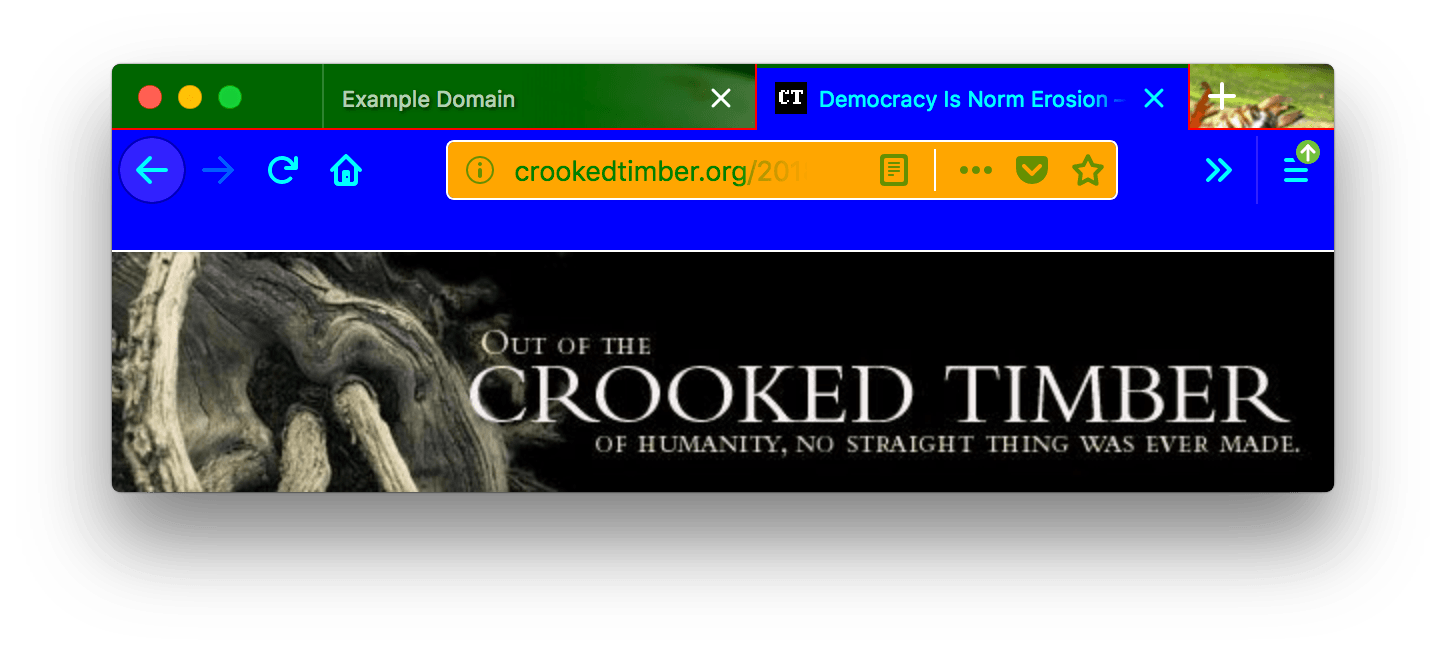 A browser window with two open tabs and dark green background color in the header area. The inactive tab has a white text color. The active tab and the toolbar have a blue background color with cyan-colored text. The URL bar has an orange background with white borders, a green text color and a white-colored vertical line separator. A red-colored line is used to separate the tabs on the top and a white line to separate the tabs from the content below them.