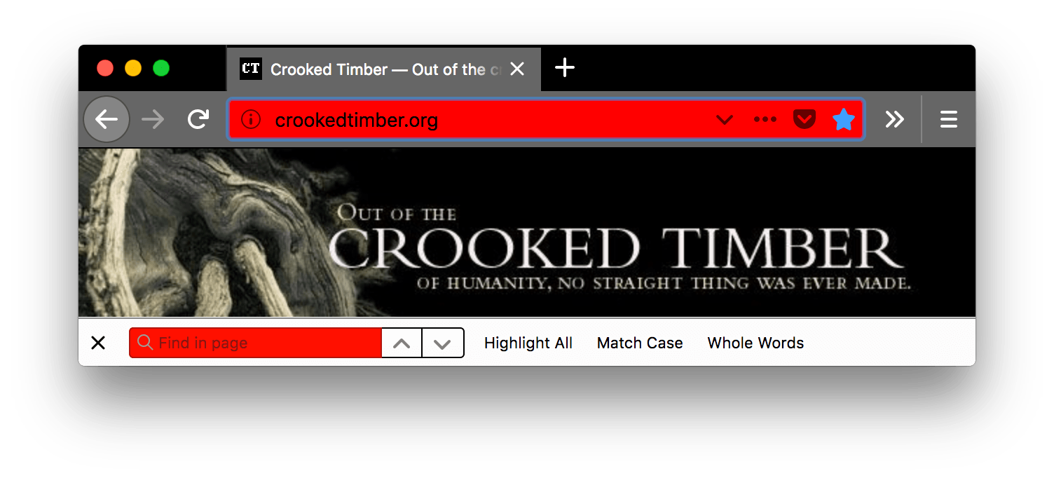 Browser firefox is black. Browser's tab, find in page bar and URL bar are lighter gray with white text and icons. The background color of the URL bar is red. The find in page bar is white with black text. The find in page field is red with black text.